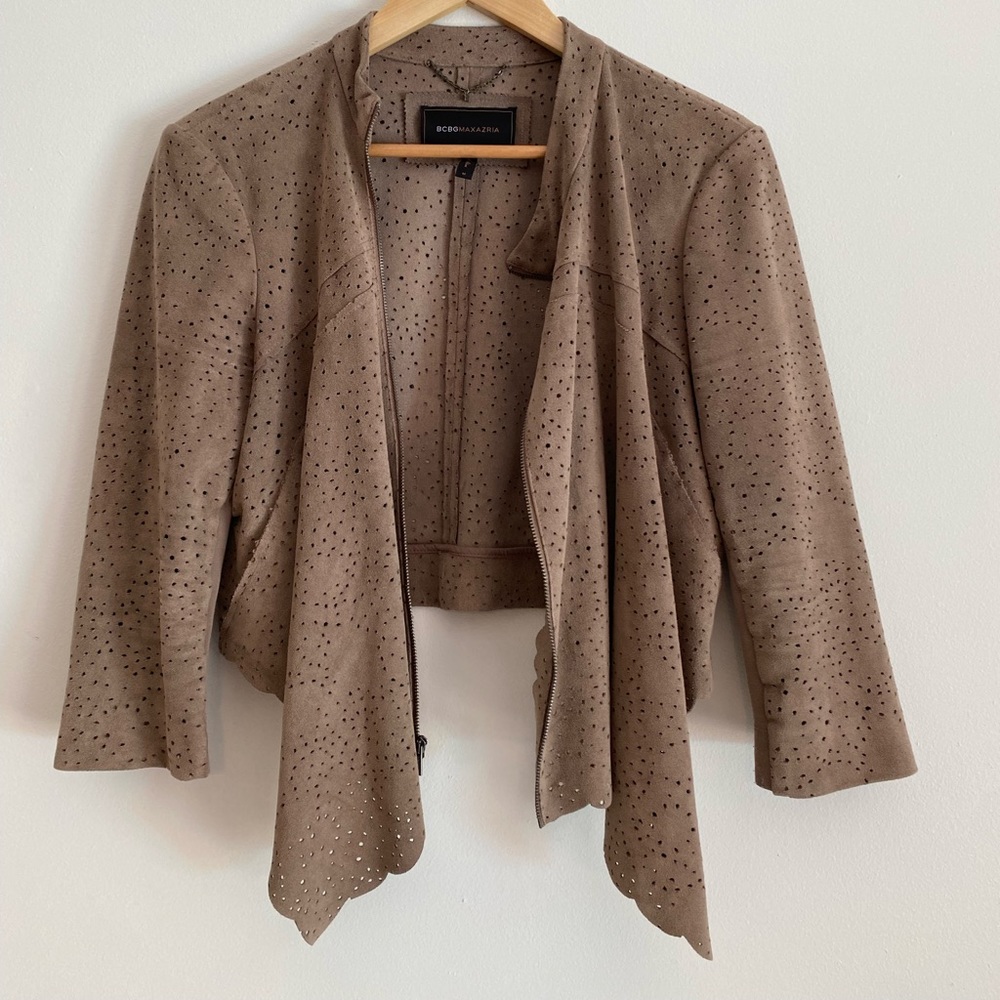BCBGMaxAzria brown perforated faux suede moto jacket with scalloped draped edge